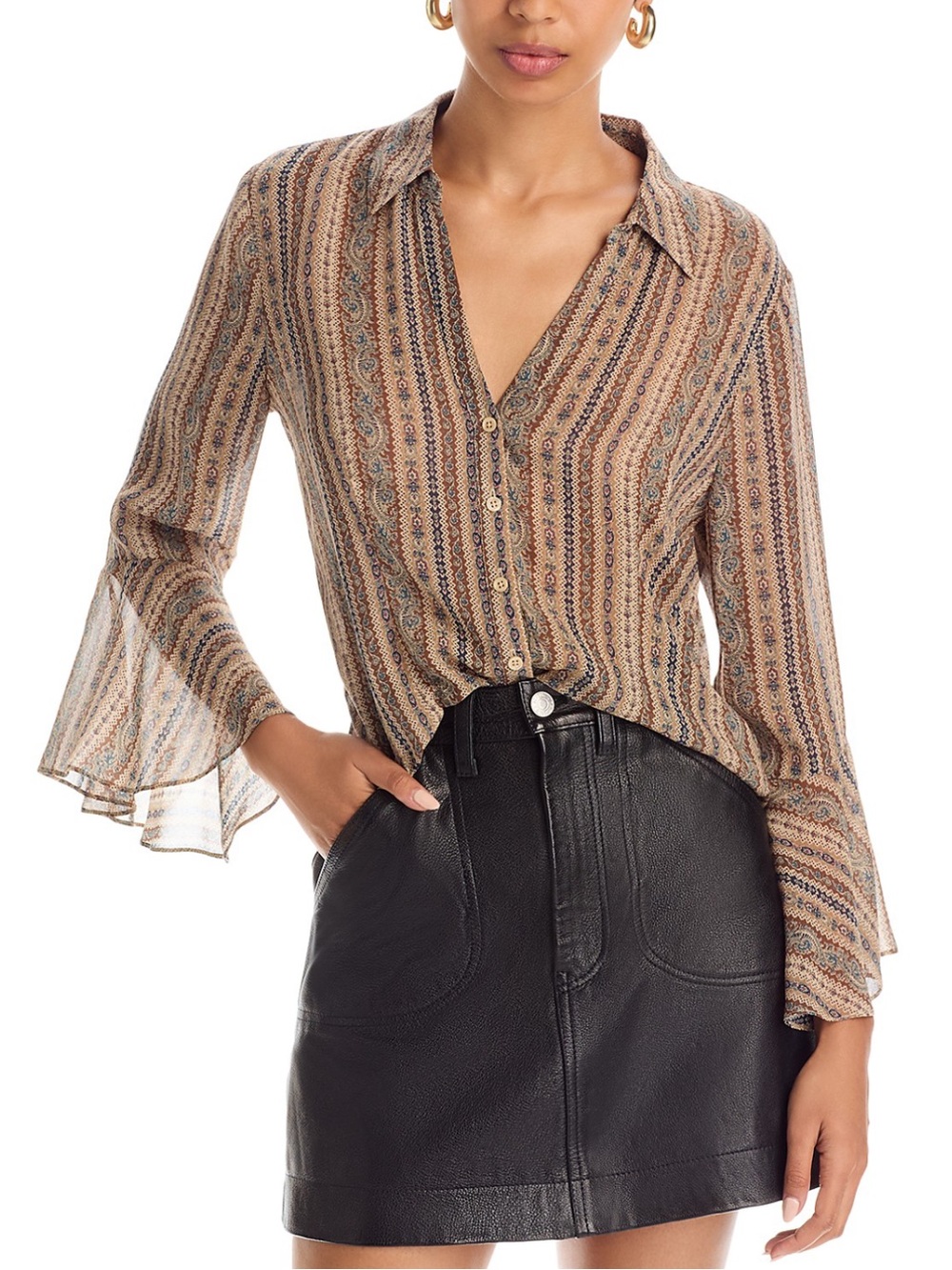 PAIGE NWT Brown Tan Jasmeet Silk Blouse with flowy sleeves NWT Size Small
